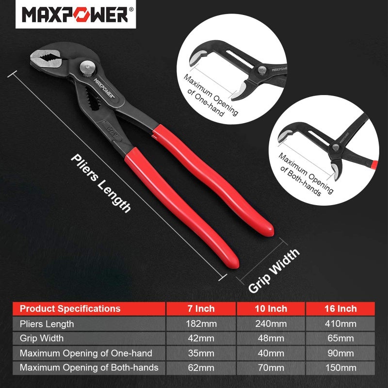MAXPOWER Water Pump Pliers Set. Plumbing Pliers 3 Pieces Kitbag Set. 7-Inch, 10-Inch and 16-Inch Push Button Quick Adjust Tongue and Groove Pliers Set - Image 4